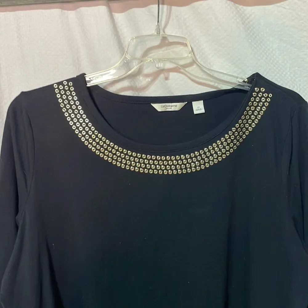 Liz Claiborne 2x black gold studded scoop neckline 3/4 sleeve vintage euc